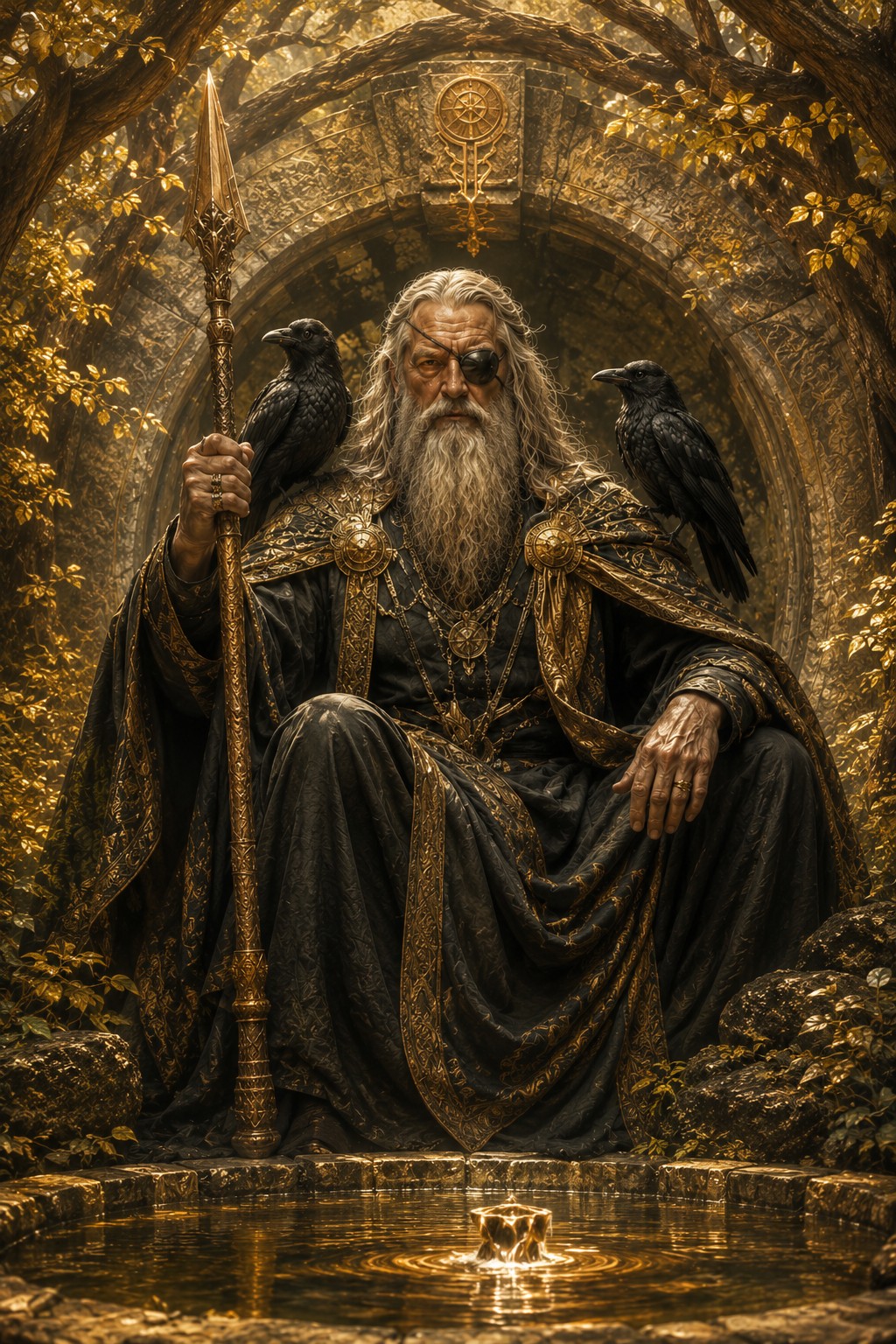 Odin with Huginn and Muninn guarding the source